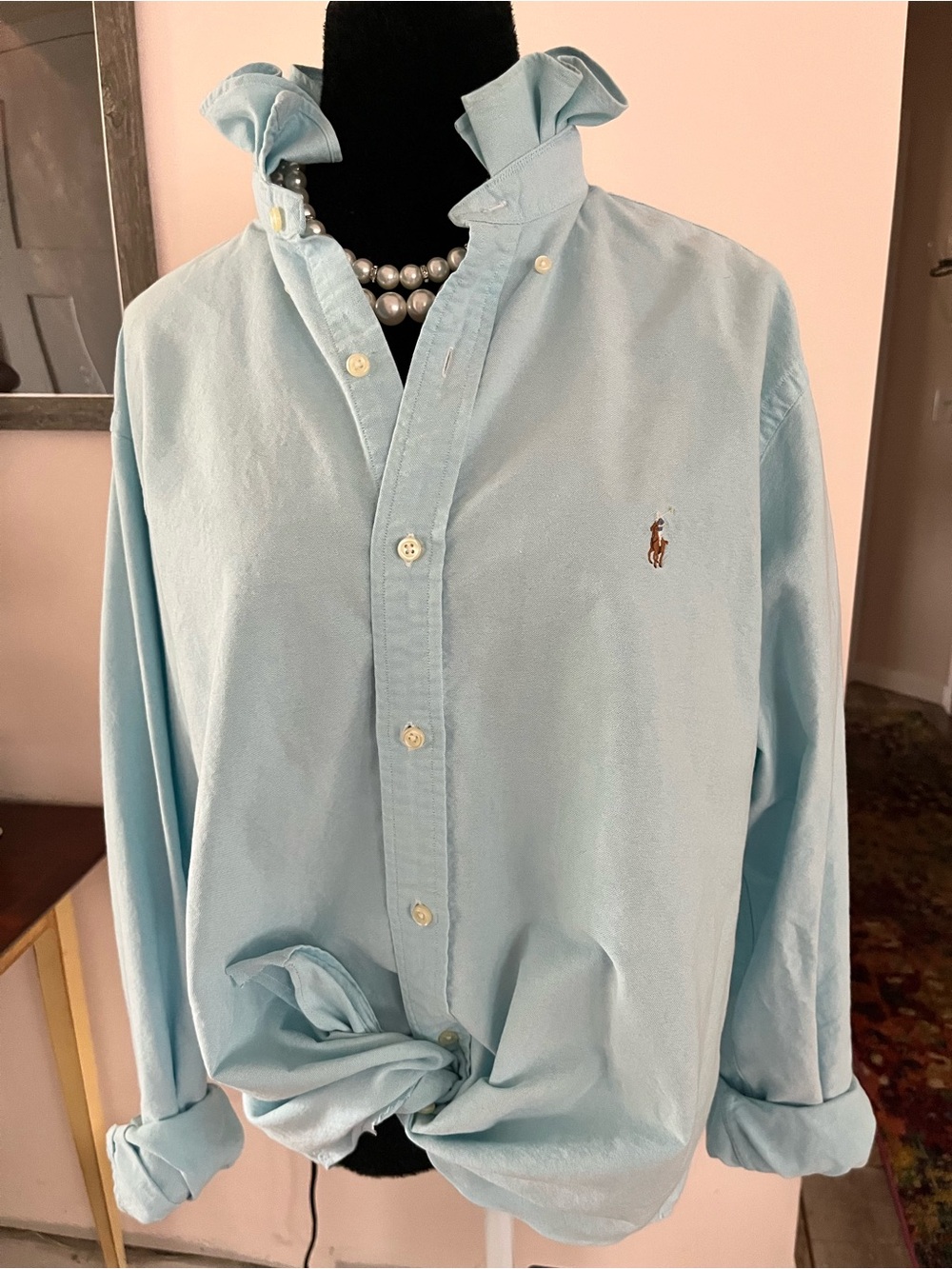 Upcycled Ralph Lauren Light Blue Button-Down Oxford Ruffle Collar